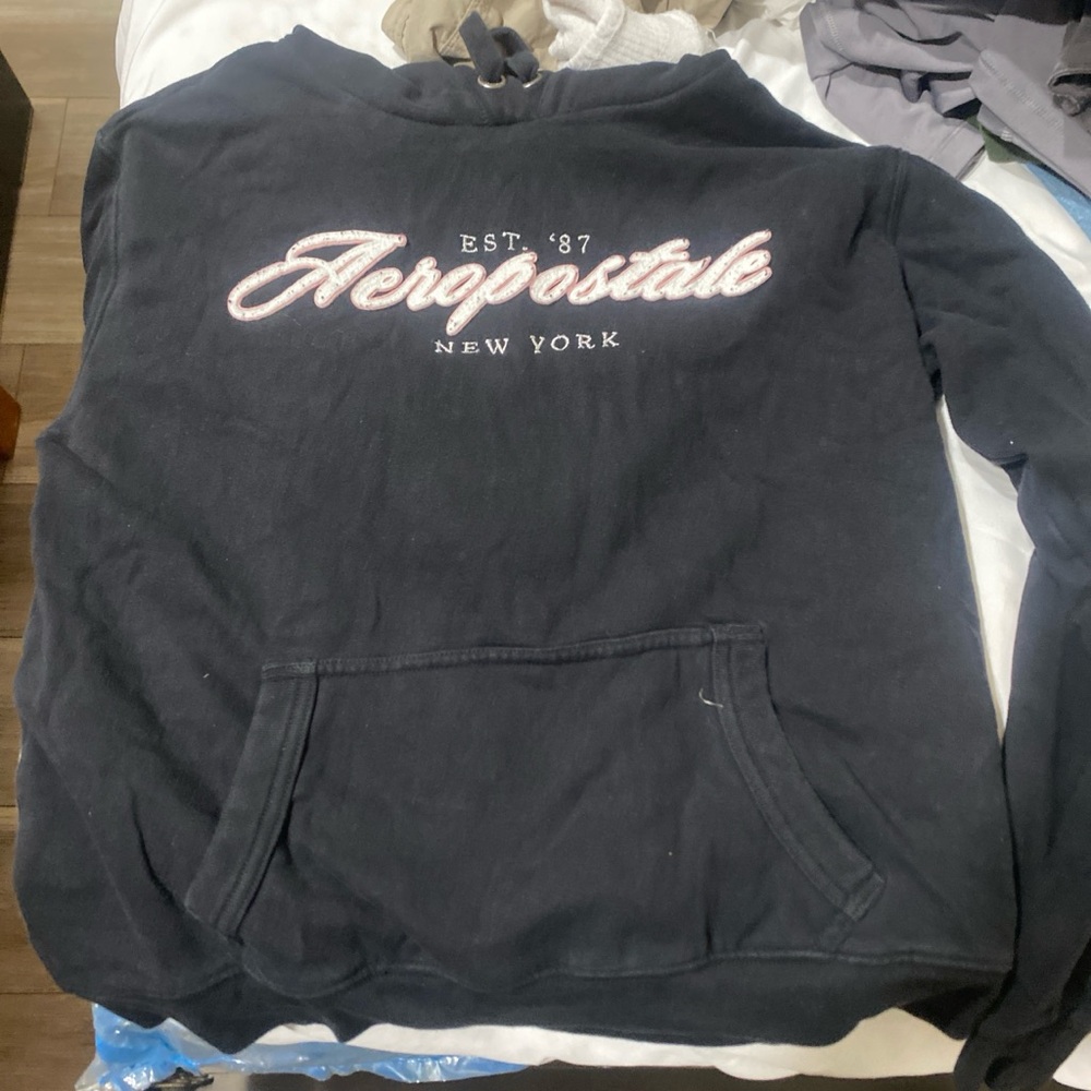Aeropostale Black Crew Neck Sweater with White Script Logo